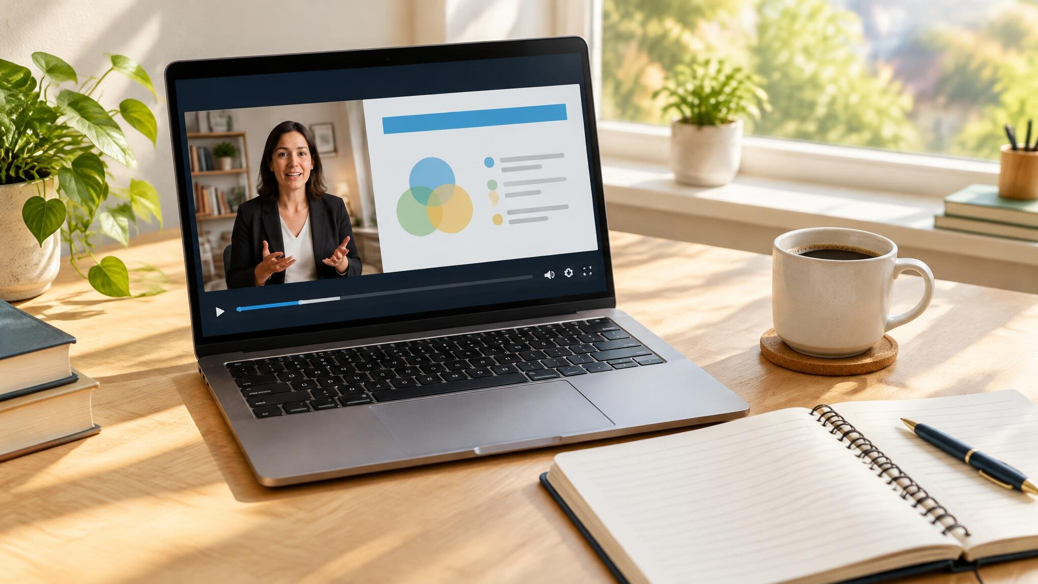Laptop on a desk showing an online video lesson next to a notebook and coffee